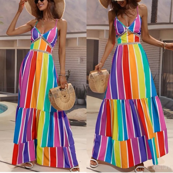Boho Rainbow STripe Backless Crocheted Lace up Maxi Dress - Picture 3 of 4